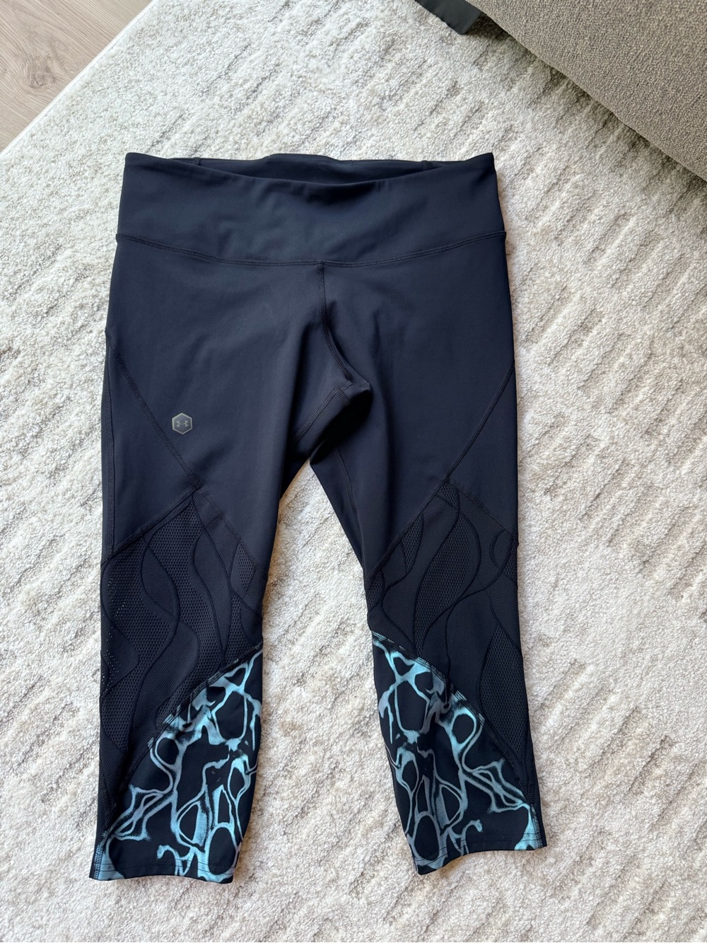 Under Armour Black Capri Leggings with Teal Patterned Cuffs